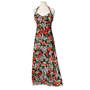 Vintage black with green and orange floral halter top maxi dress approx size 6